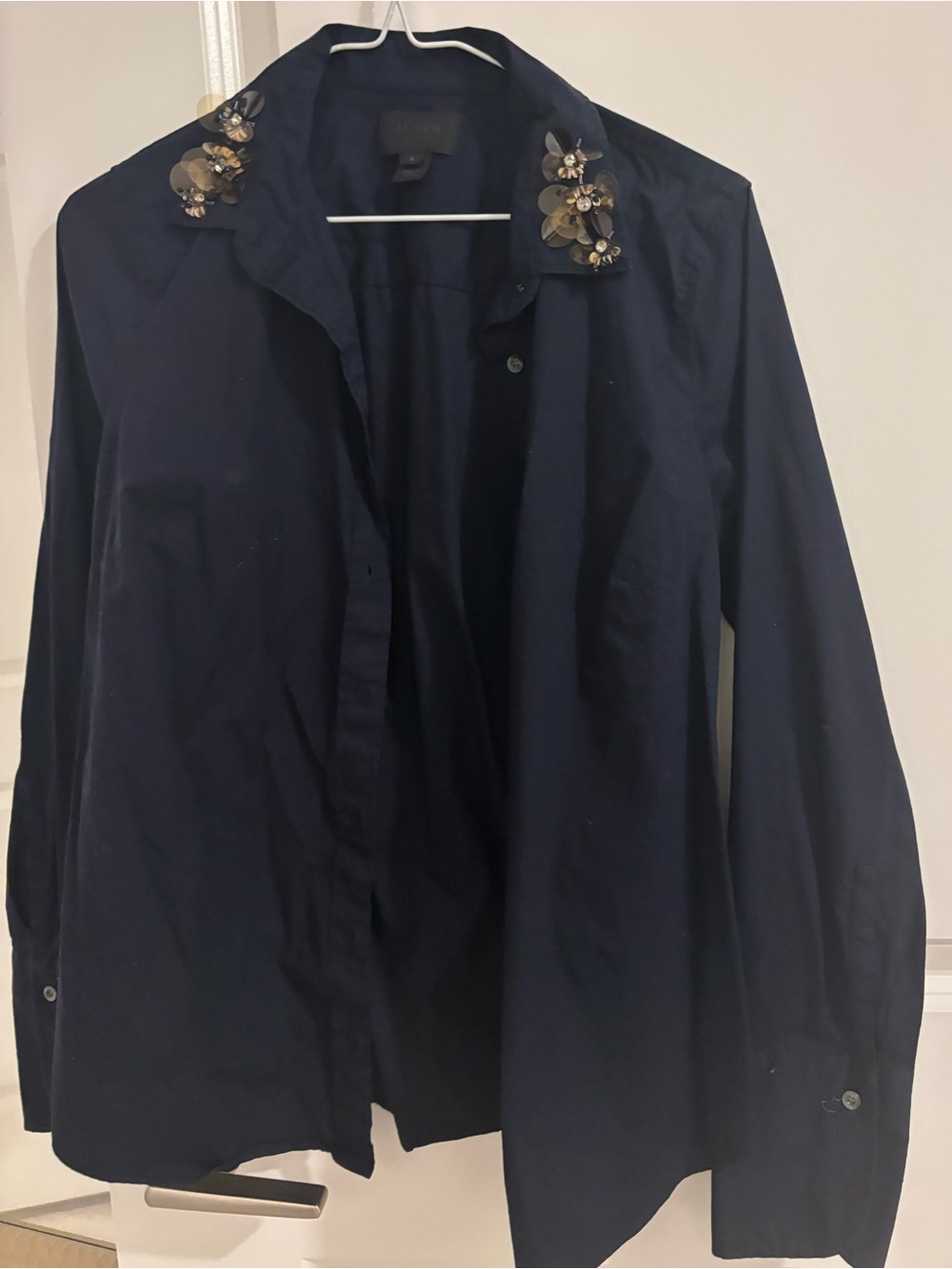 J. Crew Navy Shirt with unique Sequin Floral Collar Embellishments